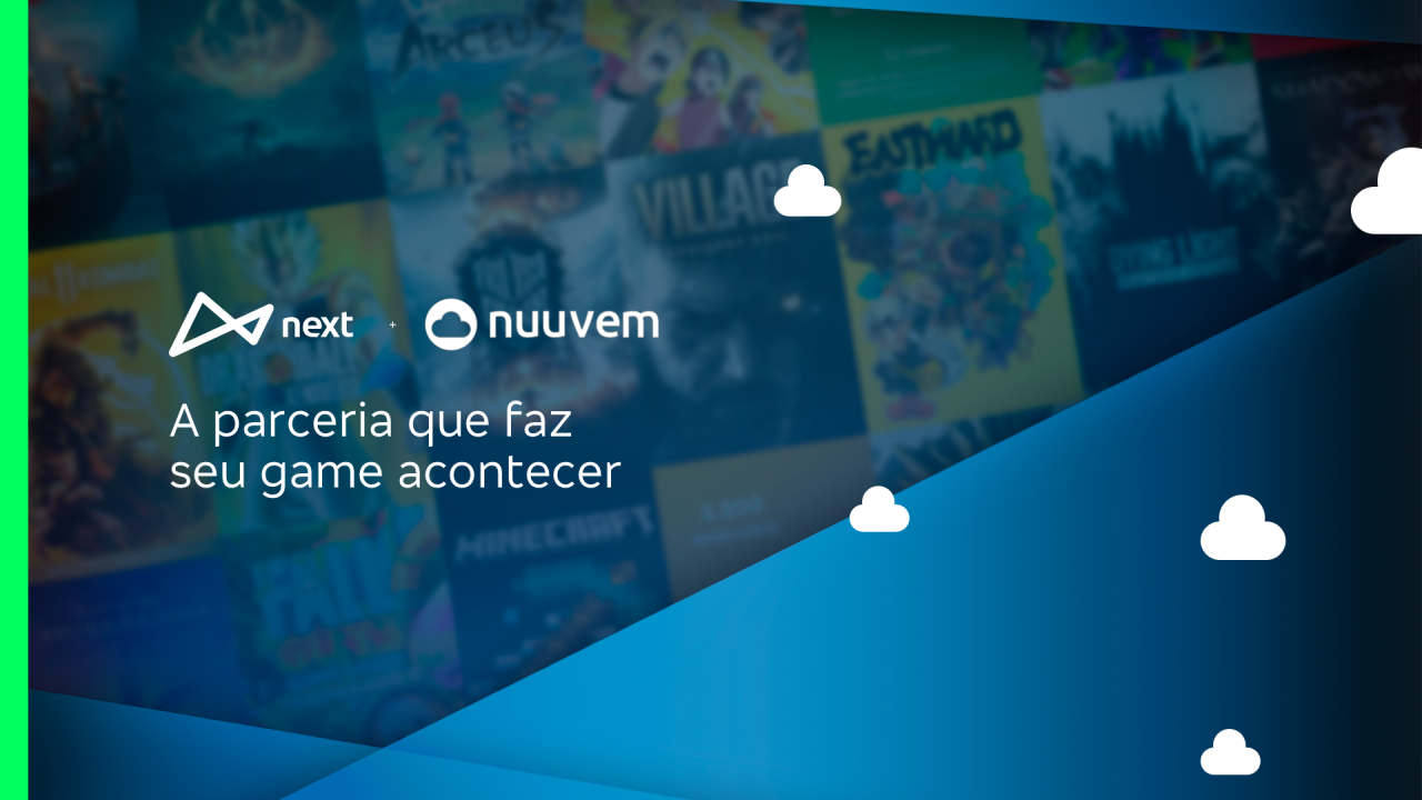 A imagem tem fundo em tons de azul e algumas pequenas nuvens na cor branca estão espalhadas. À esquerda, no primeiro plano vemos os logos do next e da Nuuvem e a frase “a parceria que faz seu game acontecer” – no plano de fundo é possível ver algumas capas