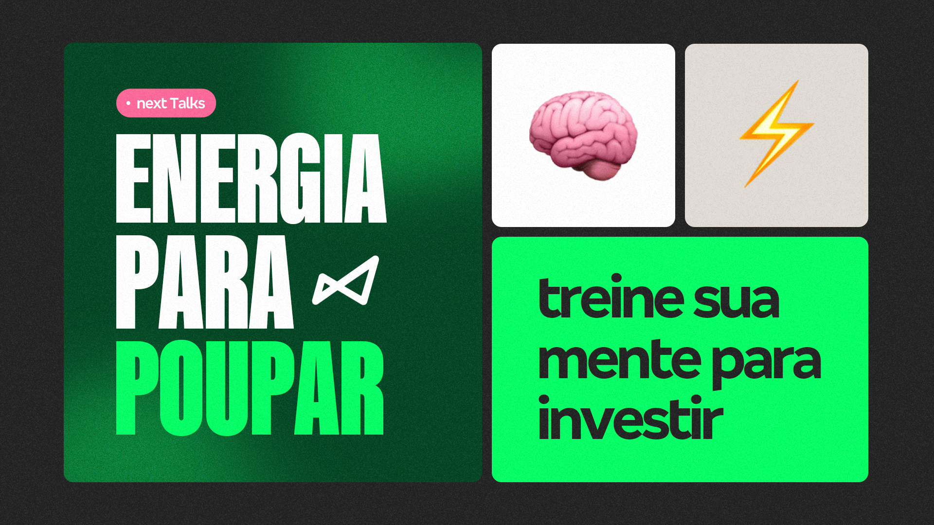 Imagem com um desenho de cérebro rosa e um raio amarelo acompanhado do texto "treine sua mente para investir"